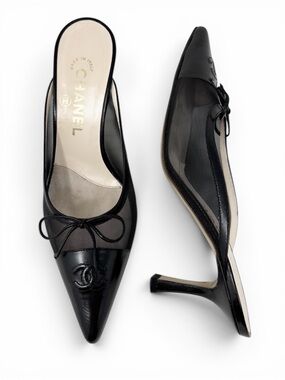Chanel Black Mesh CC Bow Mules Heels Size 37 US 7 Vintage Y2K 90s